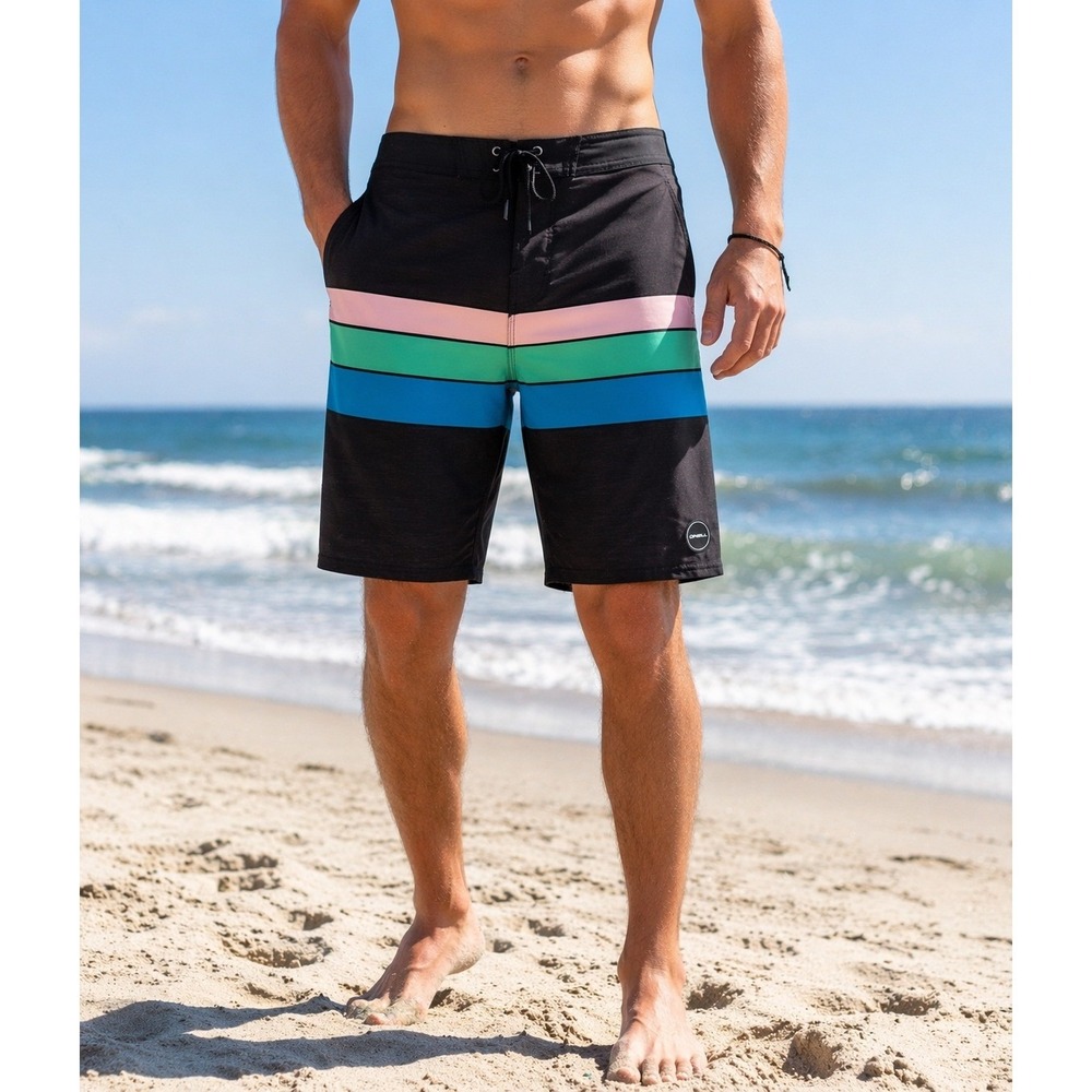 ONeill Hyperfreak Mens Board Shorts Size 38 Black Striped Swim Trunks 8.5 Inseam